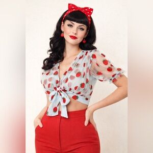 Smak Parlour Strawberry Print Sheer Tie-Front Blouse